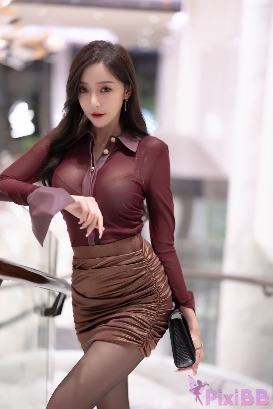 No watermark for in app purchases Wang Xinyao Yanni XIUREN model Dark red mesh perspective i Royal sister outfit PixiBB.COM 004