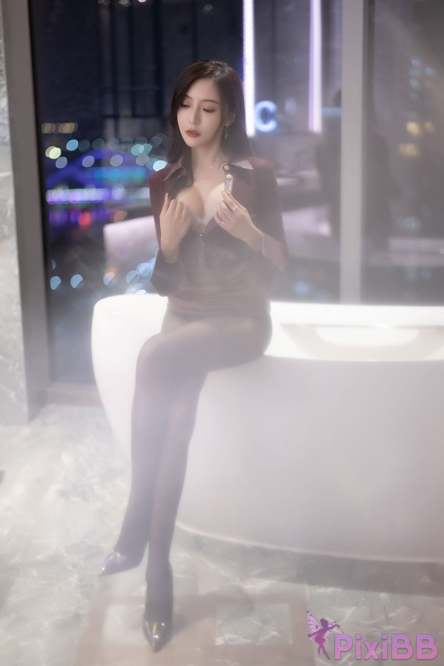 No watermark for in app purchases Wang Xinyao Yanni XIUREN model Dark red mesh perspective i Royal sister outfit PixiBB.COM 028