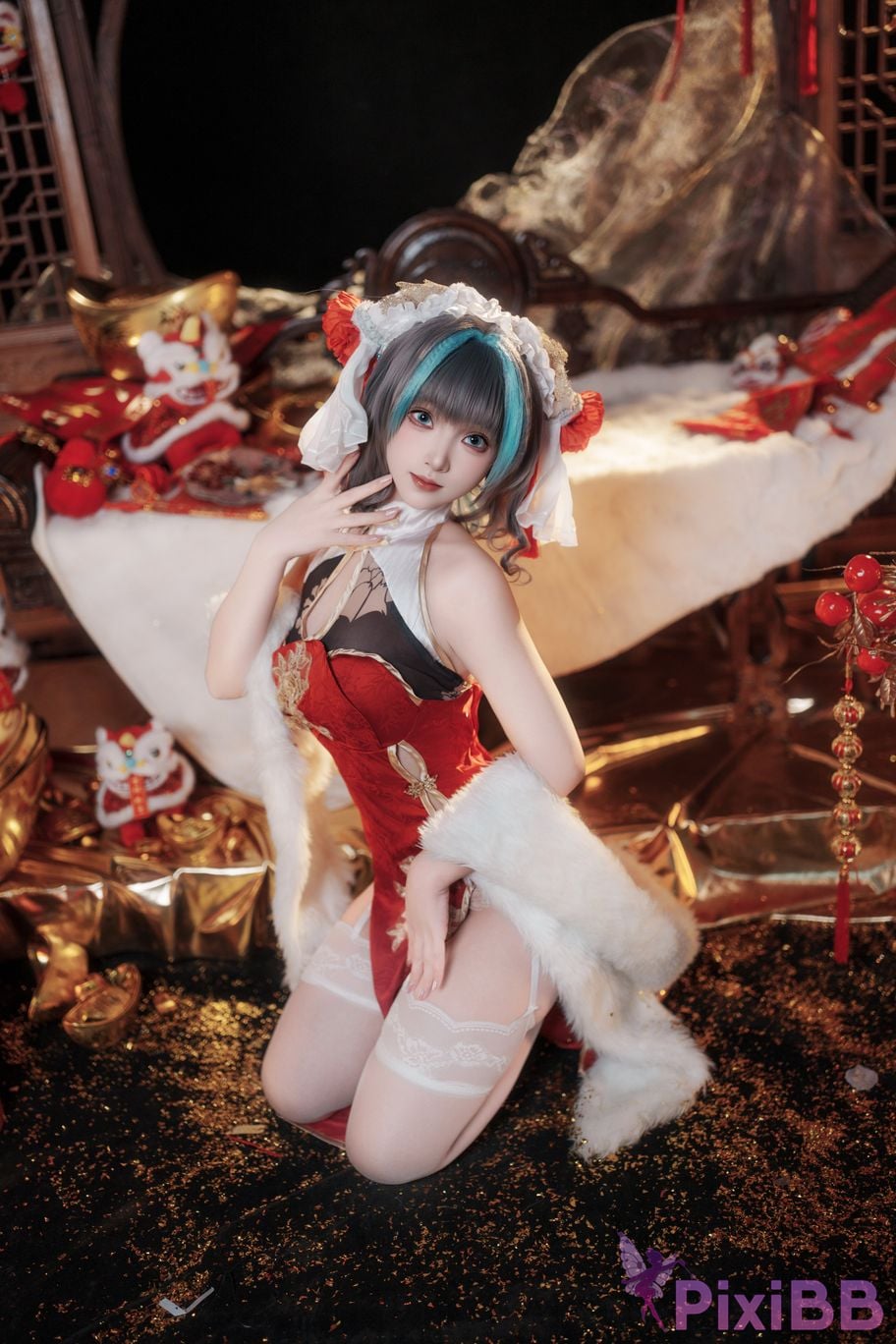 Cosplayer Bangni Bonnie azur lane Cheshire New Year Cheongsam PixiBB.COM 004