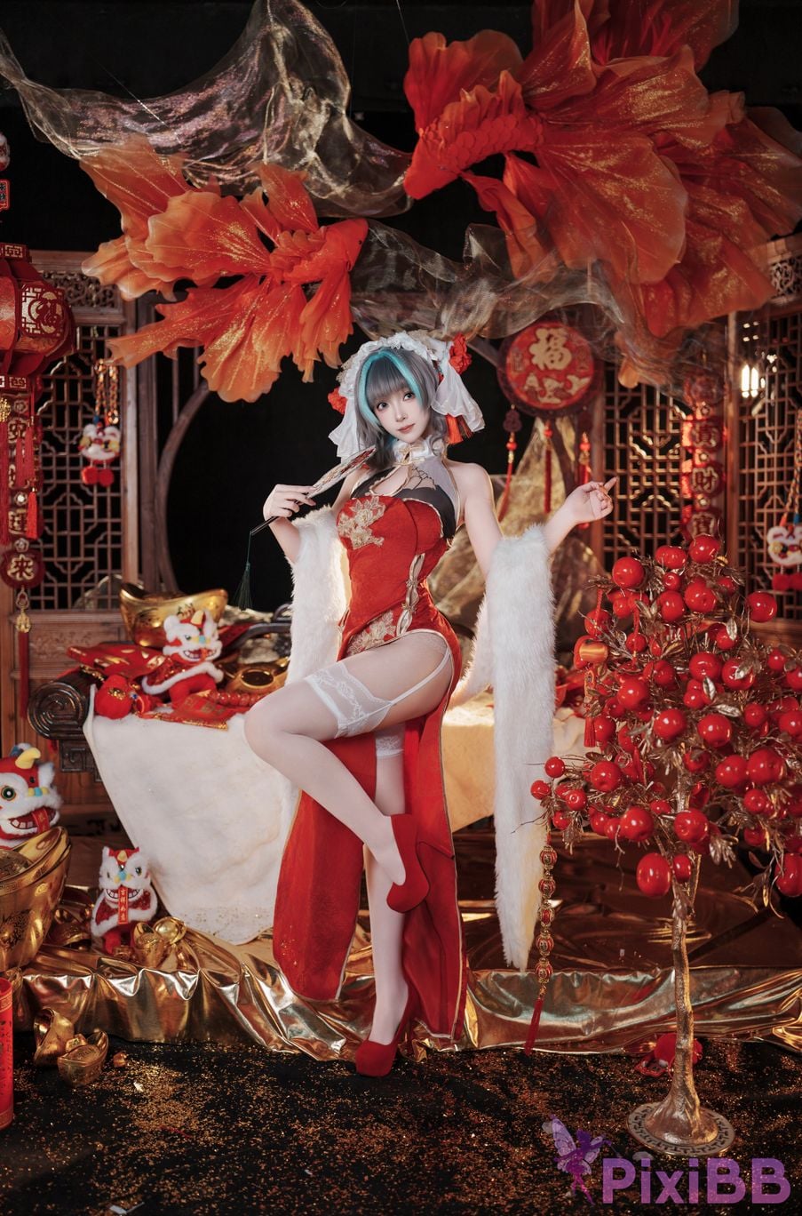 Cosplayer Bangni Bonnie azur lane Cheshire New Year Cheongsam PixiBB.COM 012