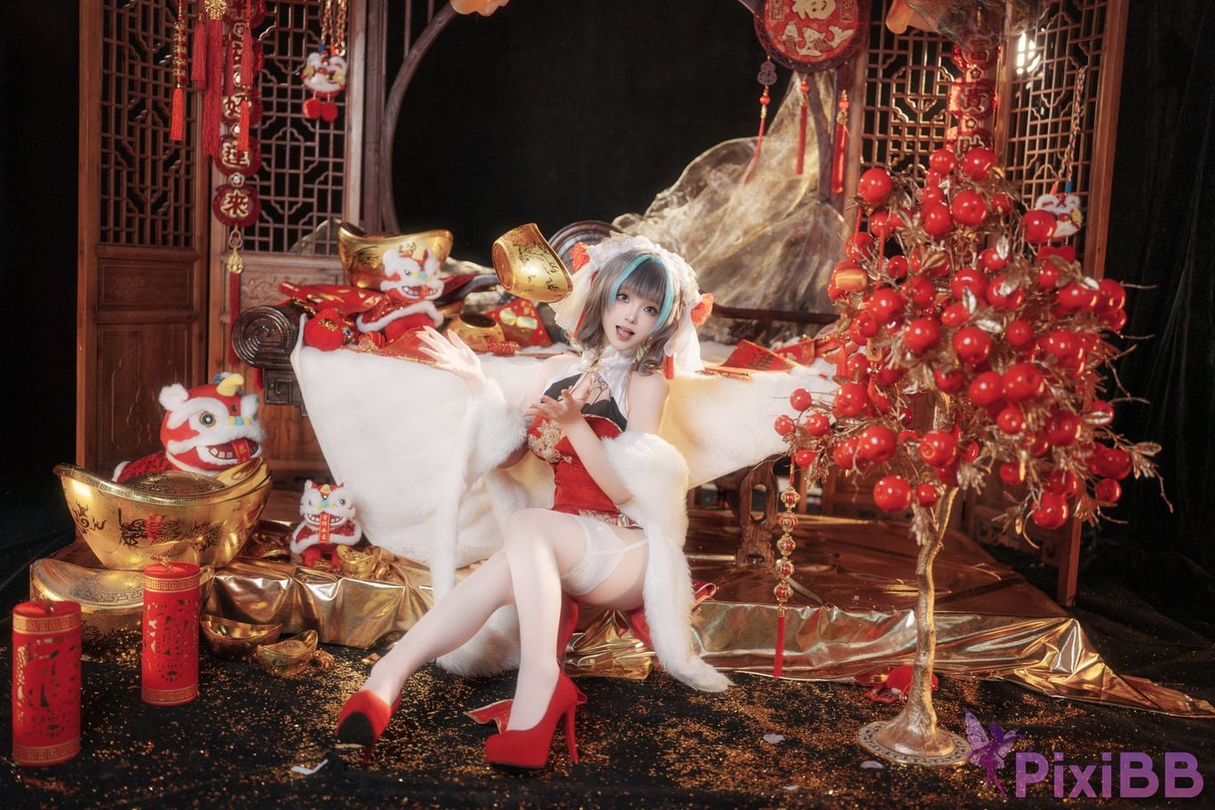 Cosplayer Bangni Bonnie azur lane Cheshire New Year Cheongsam PixiBB.COM 022