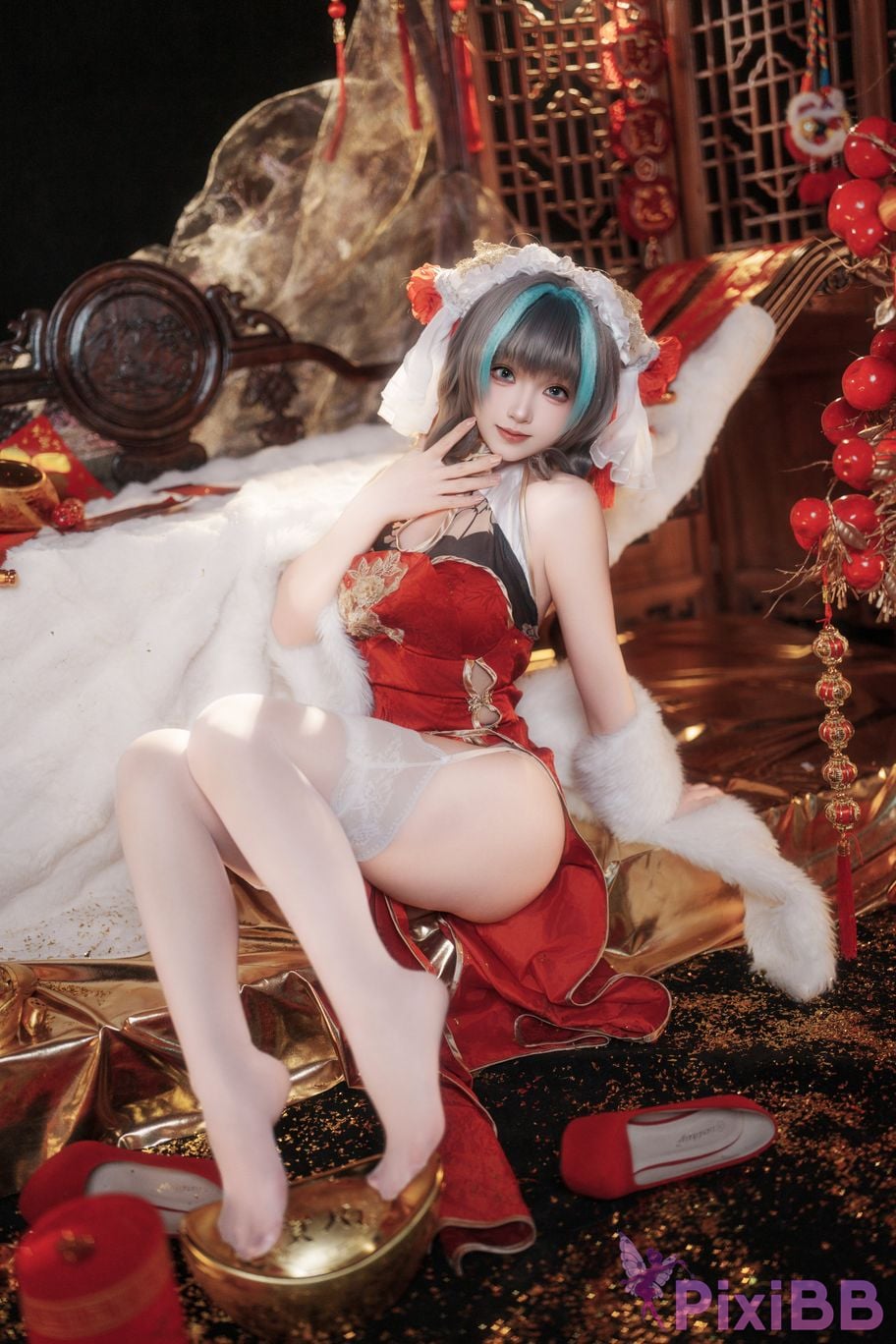 Cosplayer Bangni Bonnie azur lane Cheshire New Year Cheongsam PixiBB.COM 025
