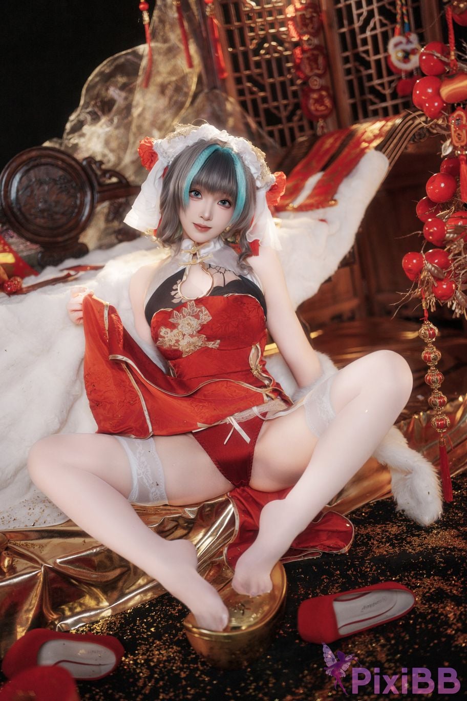 Cosplayer Bangni Bonnie azur lane Cheshire New Year Cheongsam PixiBB.COM 026