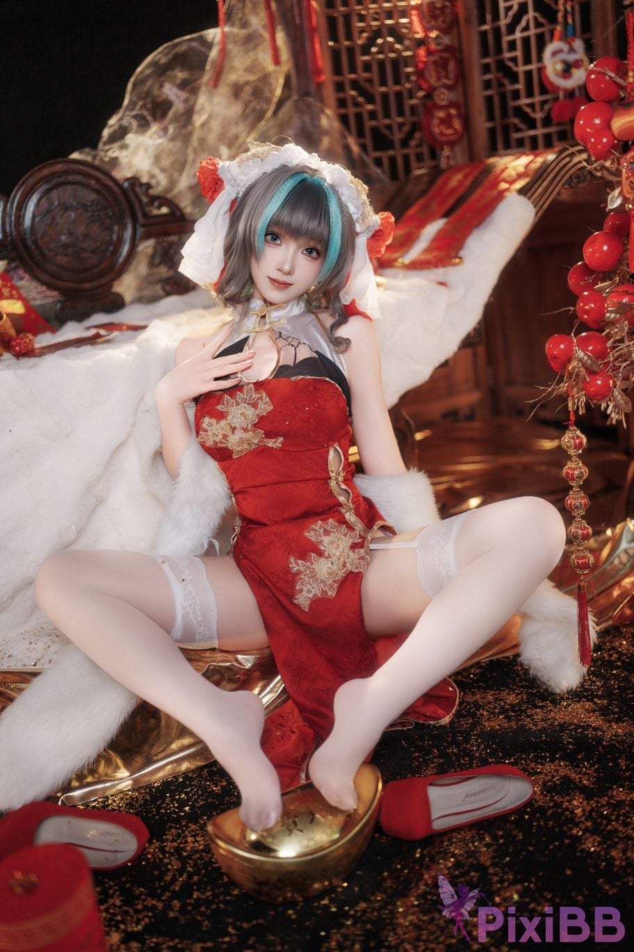 Cosplayer Bangni Bonnie azur lane Cheshire New Year Cheongsam PixiBB.COM 027