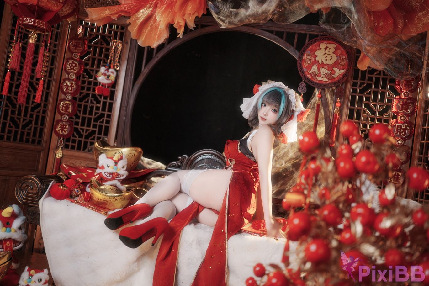 Cosplayer Bangni Bonnie azur lane Cheshire New Year Cheongsam PixiBB.COM 028