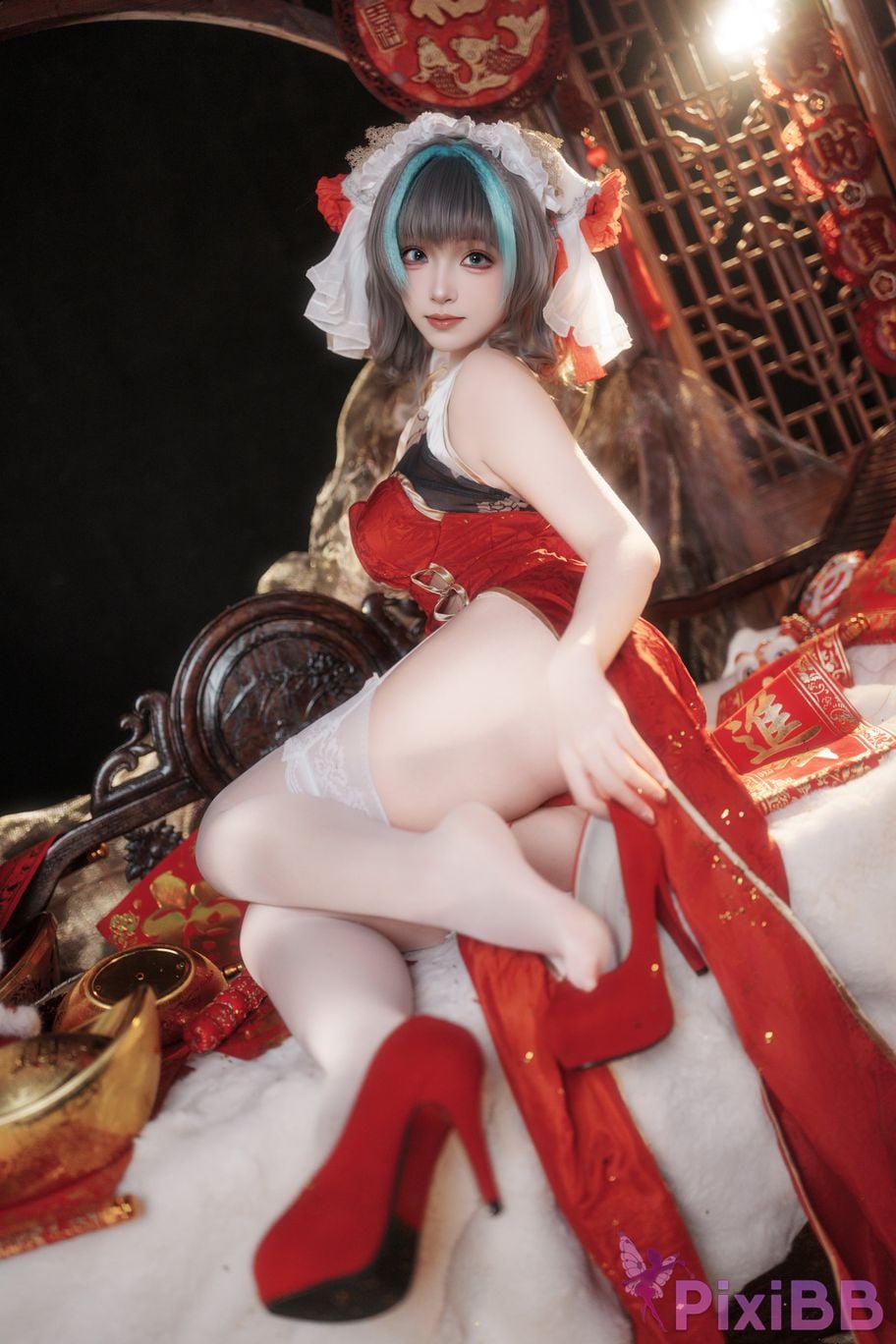 Cosplayer Bangni Bonnie azur lane Cheshire New Year Cheongsam PixiBB.COM 029