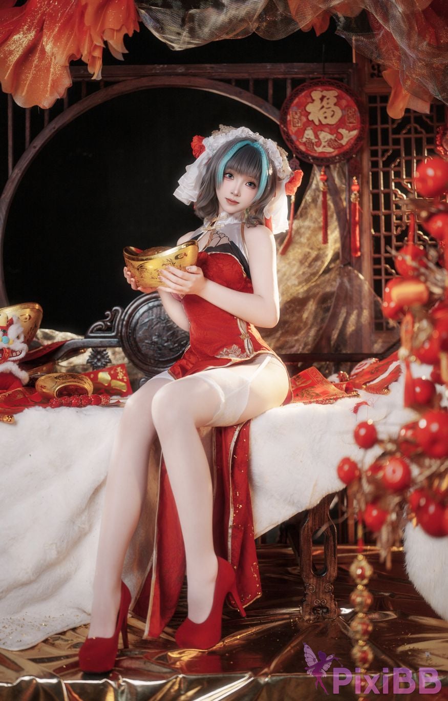 Cosplayer Bangni Bonnie azur lane Cheshire New Year Cheongsam PixiBB.COM 030