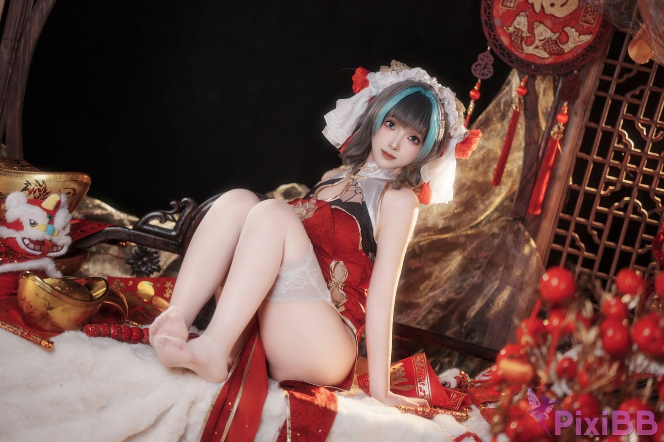 Cosplayer Bangni Bonnie azur lane Cheshire New Year Cheongsam PixiBB.COM 031