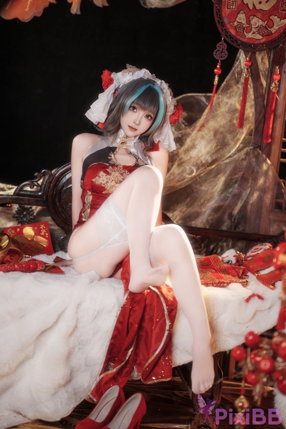 Cosplayer Bangni Bonnie azur lane Cheshire New Year Cheongsam PixiBB.COM 032