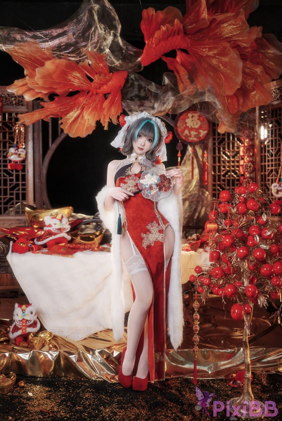 Cosplayer Bangni Bonnie azur lane Cheshire New Year Cheongsam PixiBB.COM 034