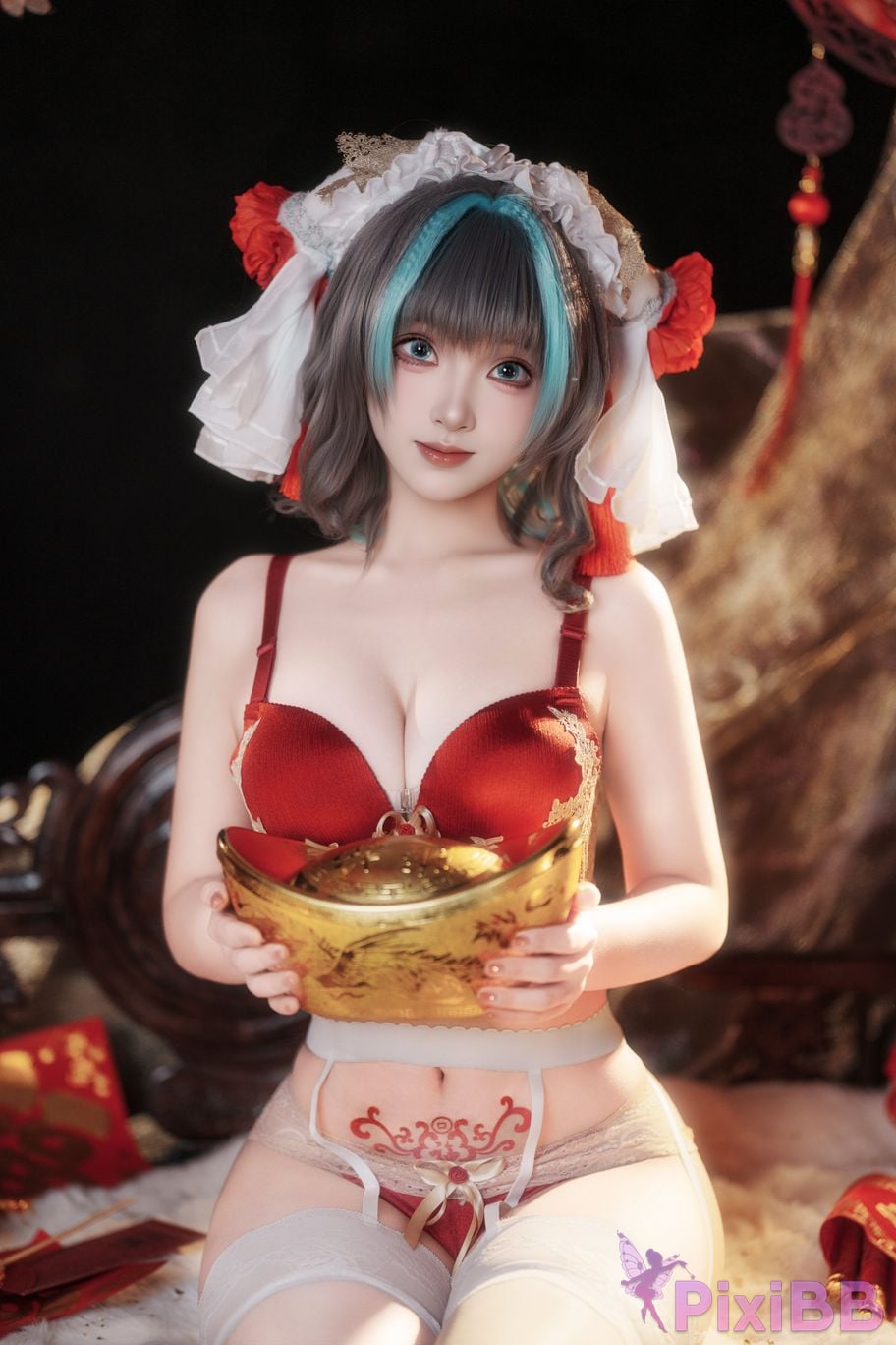 Cosplayer Bangni Bonnie azur lane Cheshire New Year Cheongsam PixiBB.COM 039