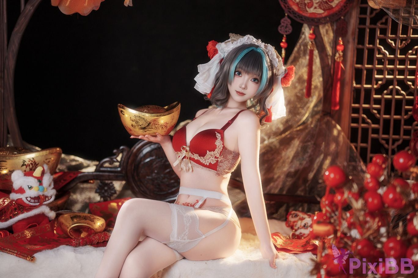 Cosplayer Bangni Bonnie azur lane Cheshire New Year Cheongsam PixiBB.COM 040