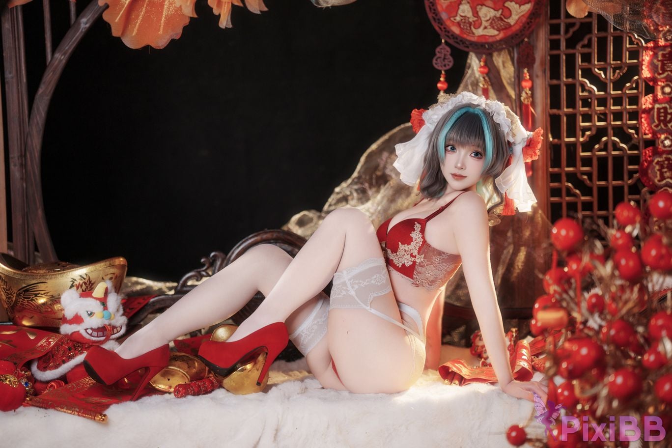 Cosplayer Bangni Bonnie azur lane Cheshire New Year Cheongsam PixiBB.COM 041