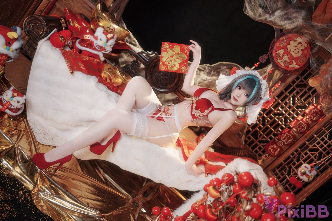 Cosplayer Bangni Bonnie azur lane Cheshire New Year Cheongsam PixiBB.COM 046