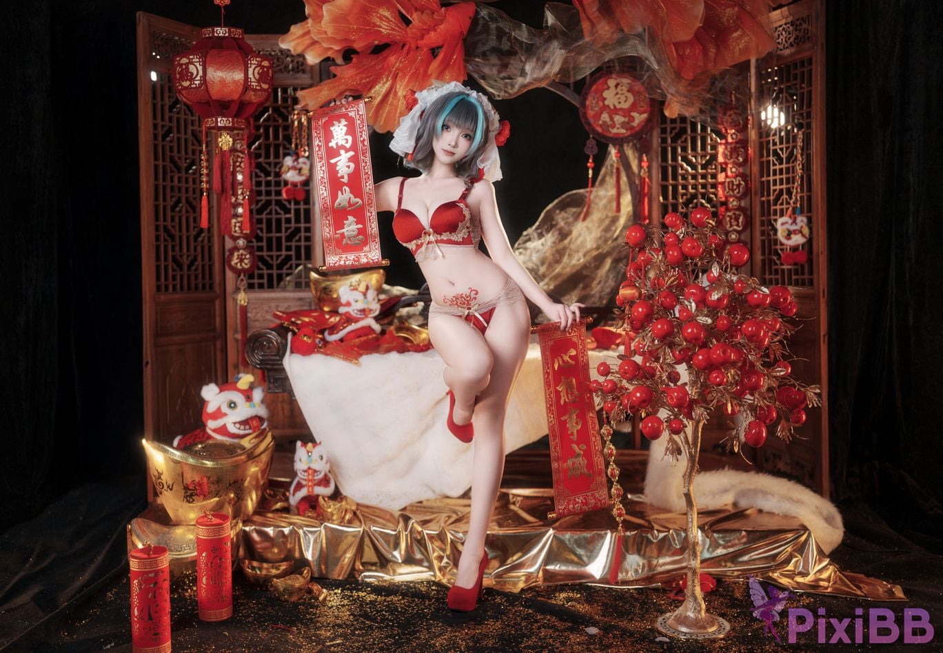 Cosplayer Bangni Bonnie azur lane Cheshire New Year Cheongsam PixiBB.COM 060