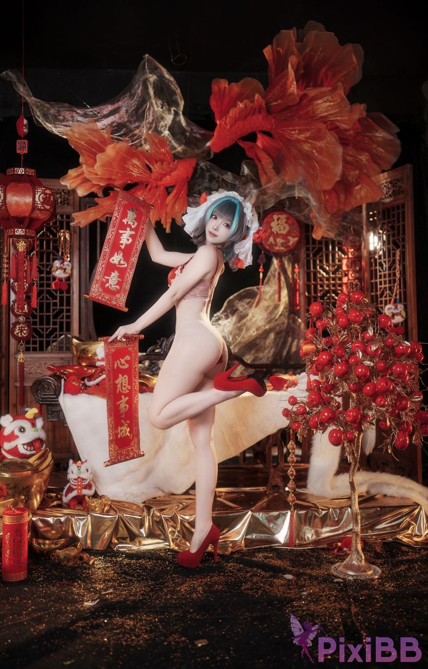 Cosplayer Bangni Bonnie azur lane Cheshire New Year Cheongsam PixiBB.COM 061