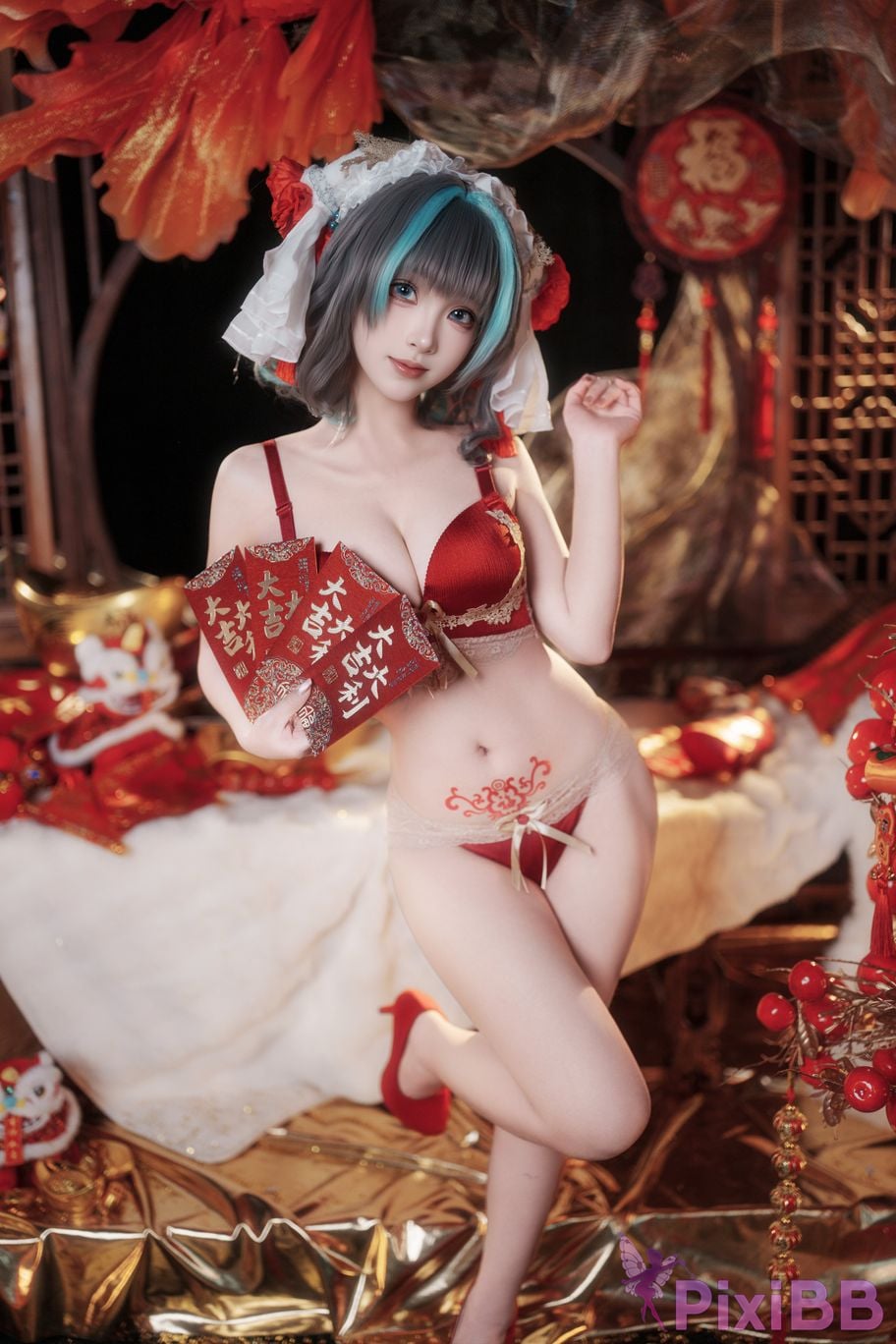 Cosplayer Bangni Bonnie azur lane Cheshire New Year Cheongsam PixiBB.COM 063