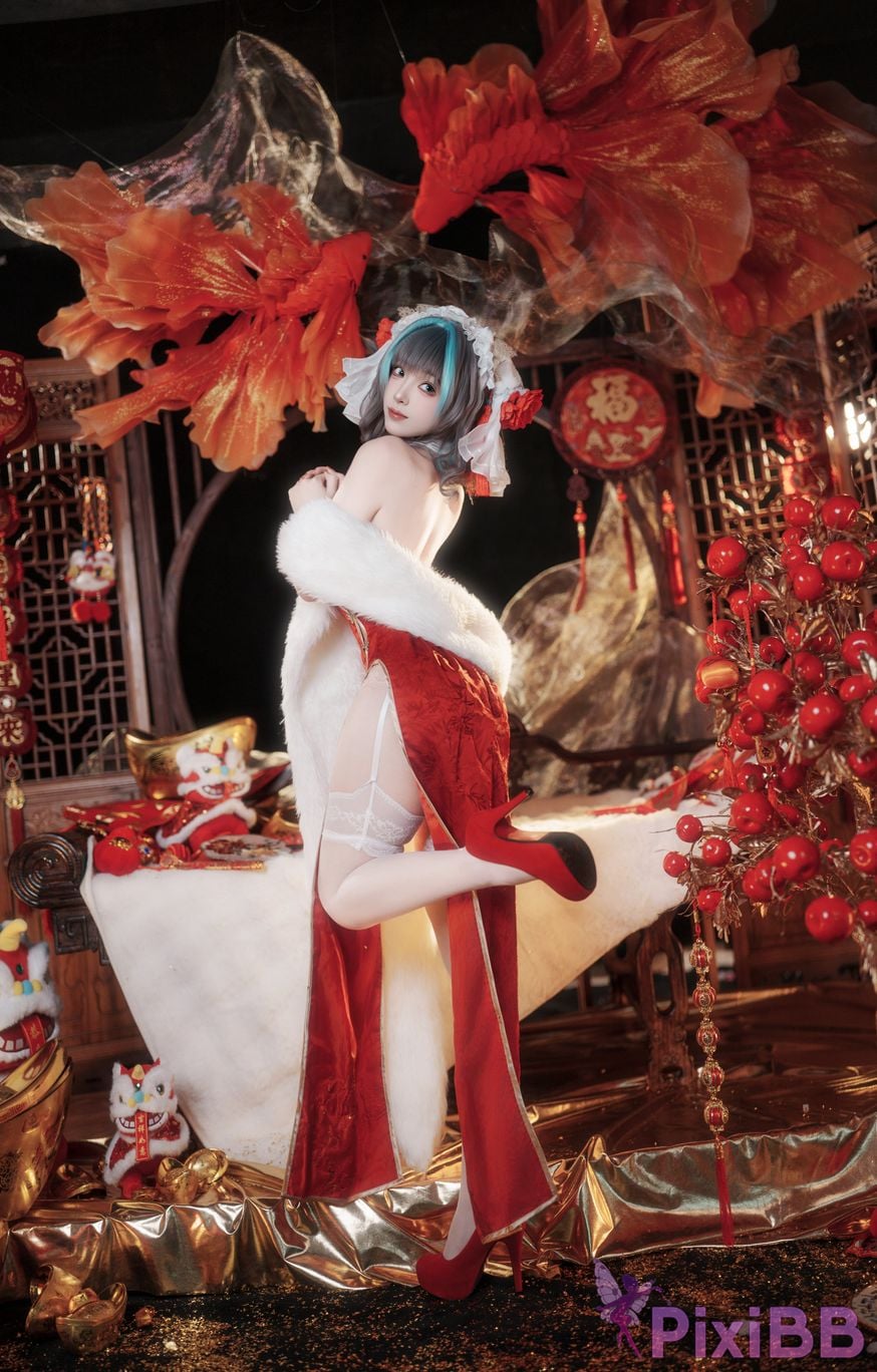 Cosplayer Bangni Bonnie azur lane Cheshire New Year Cheongsam PixiBB.COM 078