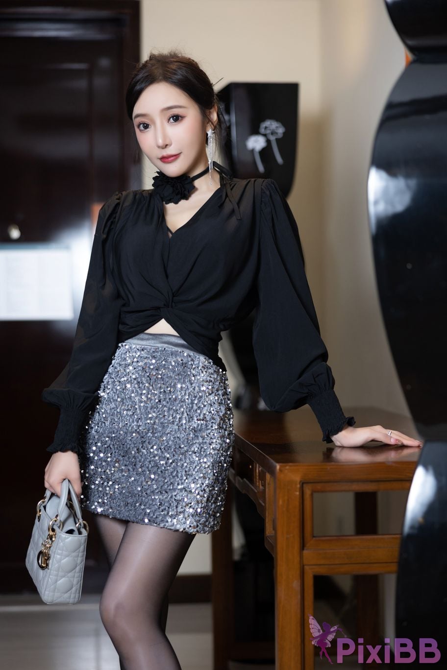No watermark for in app purchases Wang Xinyao Yanni XIUREN model Fishing black top sparkling skirt PixiBB.COM 007